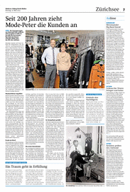 Artikel vom 10. März 2015 in der «Zürichsee-Zeitung» zu 200 Jahre Mode Peter